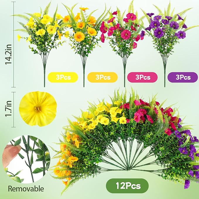 Artificial Flowers for Outdoors 12 Bundles Artificial Petunias Fake Flowers UV Resistant Shrubs Plants with Fern for Indoor Outside Hanging Planters Home Garden Spring Summer Decorations