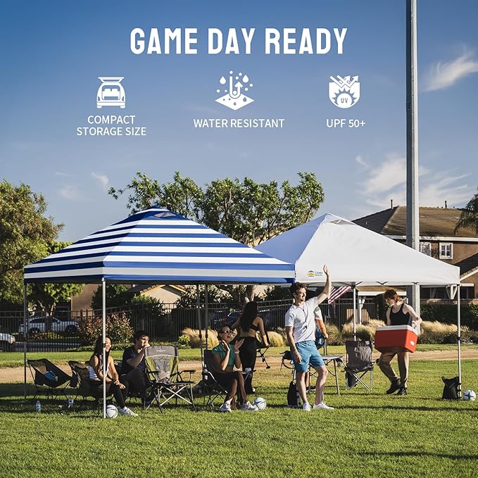 CROWN SHADES 10x10 Pop Up Canopy - Beach Tent with One Push Setup - Outdoor Sun Shade for Events, Parties, Camping - STO-N-Go Cover Bag, Silver Coated Top, 3 Height& 4 Sand Bags, Navy Blue Stripes