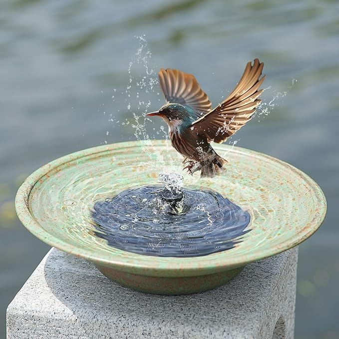 HOUYANG Solar Fountain Bird Bath, Metal Bird Bath Bubbler, Outdoor Bird Bath Bowl, for Outdoors Garden Patio Decor.