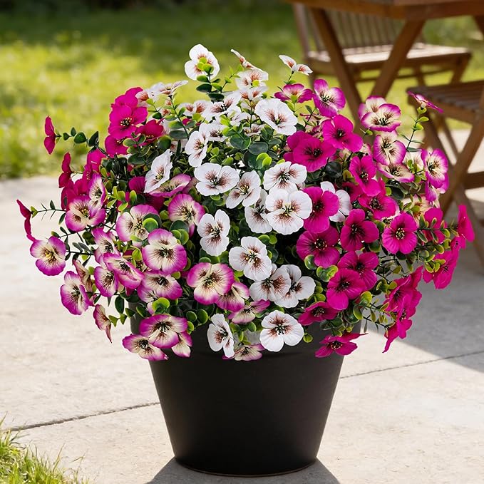 17 Inch Artificial Faux Pansy Flowers for Outdoor,Fake Pansies Flowers with Eucalyptus Leaves Fake Plants Greenery Boxwood Porch Patio Decor 6 Bundles(White,Rose White,Rose Red)