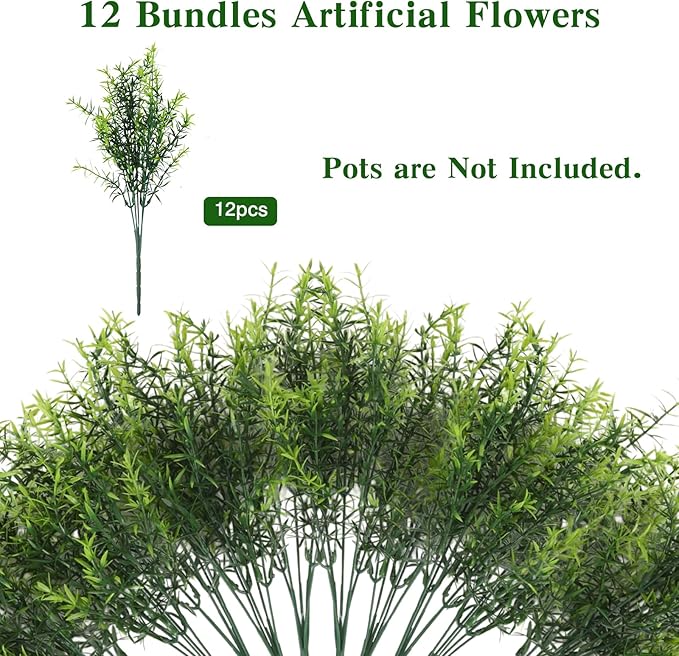 CEWOR 12 Bundles Artificial Plants Greenery Outdoor UV Resistant Faux Grass Shrubs Fake Rosemary for Wedding Decoration Farmhouse Garden Porch Window Patio Planter Indoor