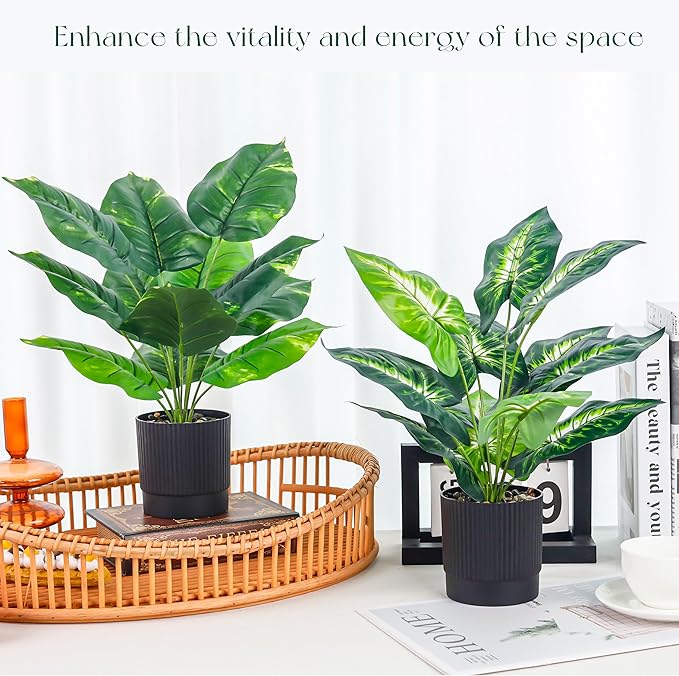 Der Rose 2 Pack Fake Plants Artificial Tropical Plants Indoor in Black Pot for Home Office Desk Accessories Bathroom Sage Green Decor