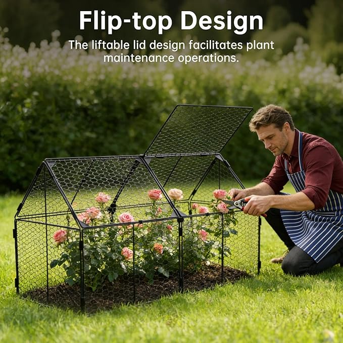 Decoroca 4x2ft Chicken Wire Plant Protectors - Crop Cage with Flip-Top&10 Ground Stakes, Outdoor Plant Protection Cage Keep Animals Out of Your Vegetable Garden - Suitable for 4x2ft Raised Garden Bed