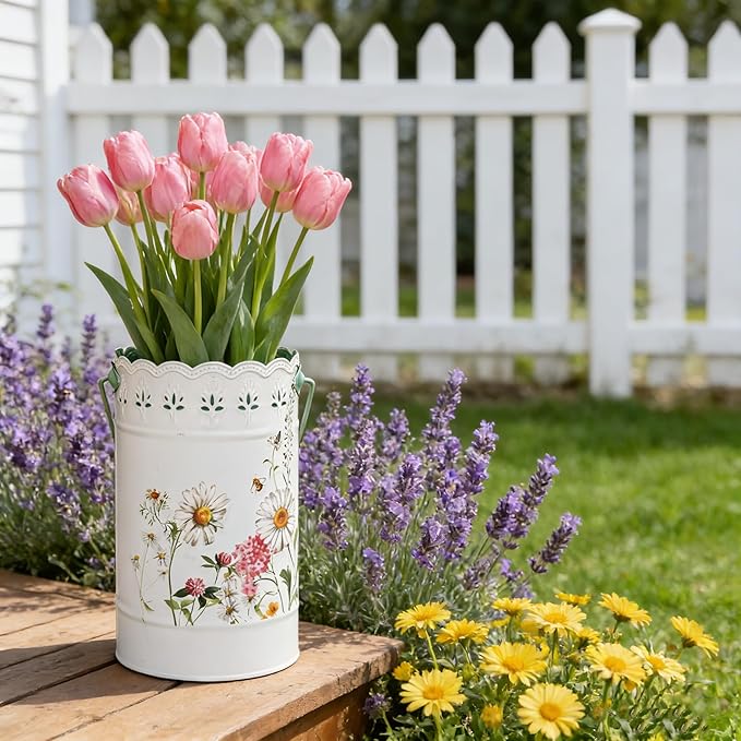 Set of 2 Farmhouse Floral Metal Flower Bucket Vase, Rustic Embossed Daisy Bee Design Planter with Hollowed-Edge, Decorative Pot for Indoor Outdoor Home Garden, Kitchen, Patio