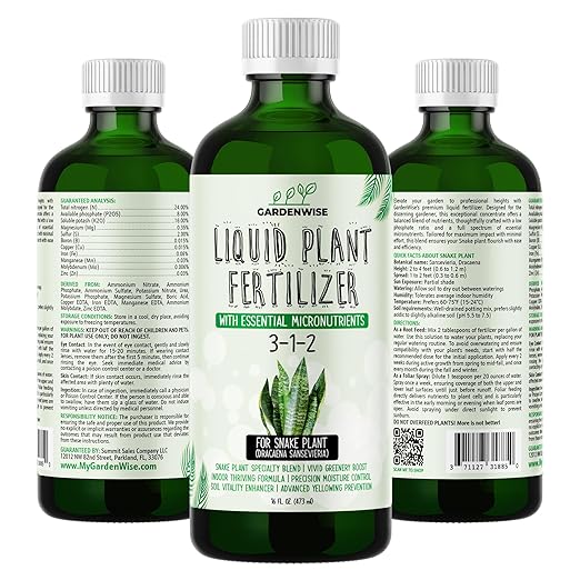 GARDENWISE 3-1-2 Liquid Fertilizer Concentrate with Micronutrients - Ideal Snake Plant Food for Sansevieria (Dracaena trifasciata), Indoor Plant Care (8 OZ)