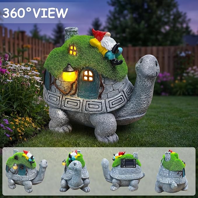 SunGlee Solar Turtle Garden Statue Lights with Rooftop Lawn Gnome Solar Garden Decor for Outside Yard Balcony Patio Lawn Ornament Home Decor Gifts for Mom Grandma