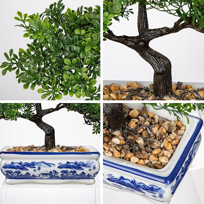 Artificial Bonsai Tree with Blue and White Porcelain Pot, Fake Pine Bonsai for Home Office Desk Decor, Oriental Zen Tabletop Decoration, Faux Bonsai Plant for Living Room, Shelf & Gift