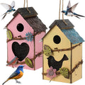 DoubleFill 2 Pcs Birdhouses for Outdoor Hanging Yard Outside Wooden Birdhouse Hand Painted Bird Box for Bird Lovers Bluebird Tree Garden Decor Decorative Birdhouse(Pink,Yellow,Iron Roof)