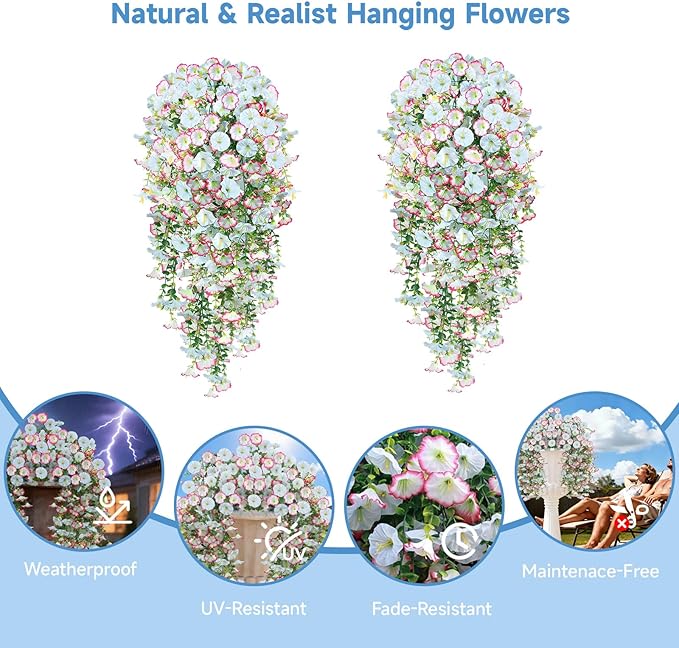 Artificial Hanging Flowers for Outdoors, 2 PCS 300 Blooms UV Resistant Morning Glory Faux Silk Vines, No-Odor Realistic Fake Plants for Garden Planter Porch Patio Decoration, Blue & White