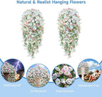Artificial Hanging Flowers for Outdoors, 2 PCS 300 Blooms UV Resistant Morning Glory Faux Silk Vines, No-Odor Realistic Fake Plants for Garden Planter Porch Patio Decoration, Blue & White