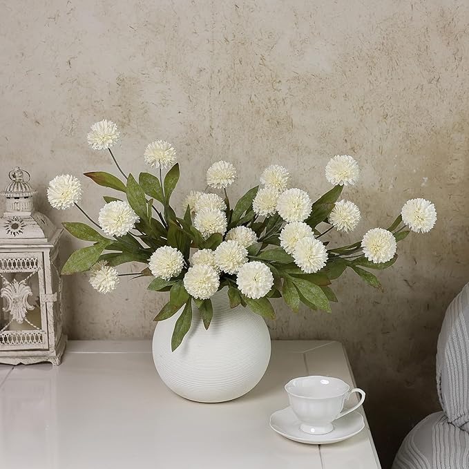 VIERENA 12 Pcs Faux Silk Pompon Mum Artificial Flowers for Vase -27", Bulk Fake Chrysanth Branches with Stems for DIY Bouquet Centerpieces Wedding Fillers Arrangements Shower Decorations (Cream)