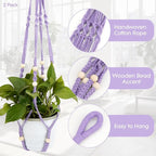 2 Pack Purple Macrame Plant Hangers, 35-Inch Cotton Rope Hanging Planters with Wooden Beads, Handmade Woven Plant Holders for Boho Modern Home Decor, Indoor & Outdoor Use