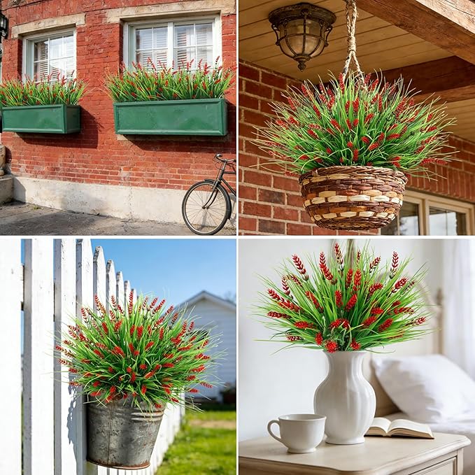Roberly 24 Bundles Artificial Plants Outdoor, Fake Lavender Flowers UV Resistant Faux Shrubs Plastic Flowers Fake Greenery Plants for Porch Garden Window Box Home Indoor Outdoor Decorations, Red