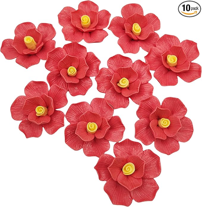 10 PCS 3D Flower Ceramic Tiles,1.6" Handmade Procelain Ceramic Flowers for Artwork,Fish Tank,Vases,Living Room, Dining Table,Office, Home Floral Decor (Double-Flowered Red)