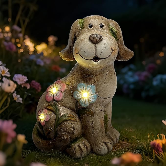 Smadeer Solar Dog Garden Statue with Light, Cute Outdoor Dog Decoration for Yard, Patio, Lawn Balcony, Animal Figurines Housewarming Gardening Gift, Crafted Gifts for Mom Women