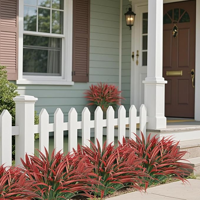 Ouddy Decor 20 Pcs Fake Outdoor Plants Artificial Grass Greenery Stems Faux Plastic Plants UV Resistant for Spring Summer Indoor Outside Garden Hanging Planter Porch Patio Window Box Home Decor, Red ﻿