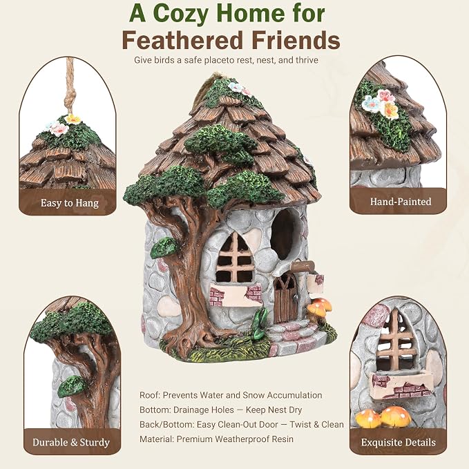 Yinns Resin Bird House for Outside, Birdhouses for Outdoors Wild Bird Nesting, Decorative Stone Bird Houses for Yard Garden Decor, Water Proof