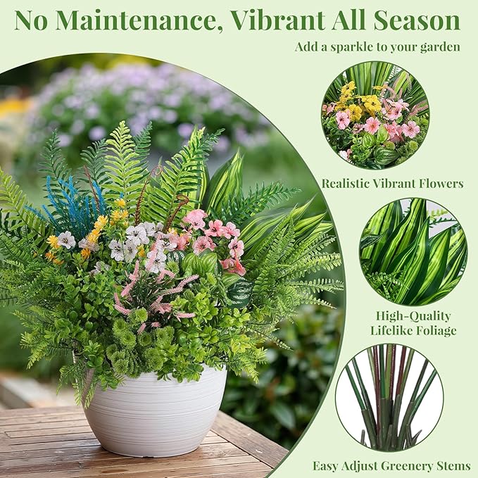 Alupssuc 48Pcs Artificial Flowers and Plants,UV Resistant & No Fade Fake Plastic Greenery Shrubs for Home Garden, Pathway, Front Porch-Spring Summer Decor, Indoor/Outdoor Use,Pink Blue Yellow White