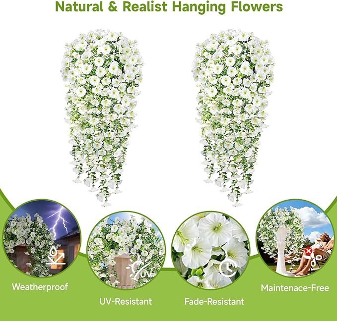 Artificial Hanging Flowers for Outdoors, 2 PCS 300 Blooms UV Resistant Morning Glory Faux Silk Vines, No-Odor Realistic Fake Plants for Garden Planter Porch Patio Decoration, White