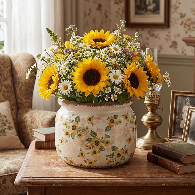 7.7″ Large Vintage Ceramic Plant Pot with Sunflowers Pattern Warm Yellow Rustic Planter with Ice Crackle Glaze & Drainage Hole for Indoor Outdoor Plants Home Kitchen Office Decor Gift