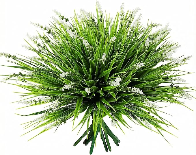Yimingjin 12 Bundles Artificial Grass Fake Plants，Outdoor Fake Monkey Tail Grass with Flowers for Pot UV Resistant Lavender Patio Garden Porch Home Window Hanging Planter Decor Faux Shrubs(White)