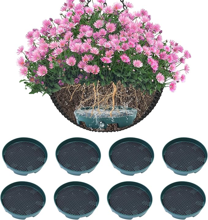 Wenfan 8 Set Invisble Hanging Basket Insert 8.26”Hang Basket Drip Pan 3-in-1 Plant Saucers Trays Plastic Water Catcher Tray Self Watering Planter Insert Plant Auto Watering Devices for Hanging Basket
