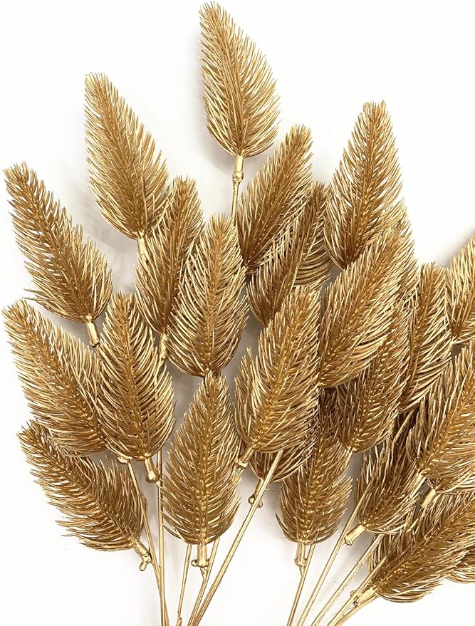 PASYOU Fake Plants, Artificial Flowers Decoration for Christmas Golden Pine Grass Plastic Faux DIY Crafts Indoor Outdoor Home Garden Party Room Bedroom Wedding Table Centerpiece Decor, Gold 4 Pack