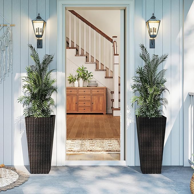 Giantex Set of 2 Outdoor Wicker Flower Pot, 30 Inch Tall Planters with Drainage System, PE Rattan Flower Pots, Indoor Outdoor Decoration for Front Porch Balcony Entryway, Dark Brown