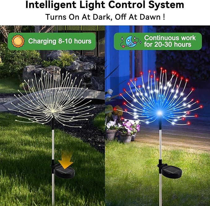 Slyuexu Solar Garden Lights Outdoor Waterproof, 2 Pack 120 LED Solar Firework Lights Decorative Garden Décor Outside for Flowerbed Pathway Party Christmas Decoration, Multicolor