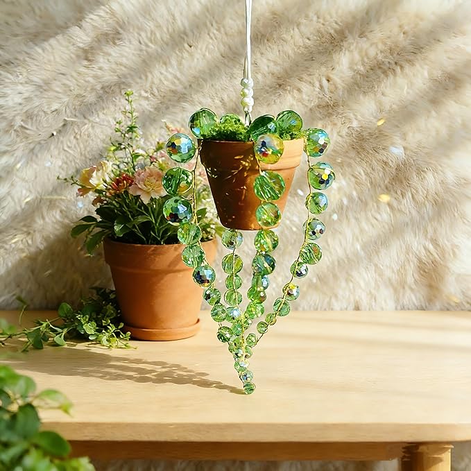 Bling Suncatcher String of Beads Plant Hanging, Handcrafted Crystal Succulent Sun Catchers for Window Hanging, Gardenn Crystal Sun Catcher Plant Lover Gift Mom Gifts (Green)