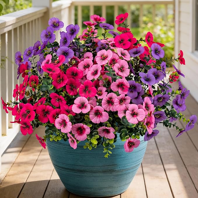 17 Inch Artificial Faux Pansy Flowers for Outdoor,Fake Pansies Flowers with Eucalyptus Leaves Fake Plants Greenery Boxwood Porch Patio Decor 6 Bundles(Light Purple,Pink,Dark Rose)