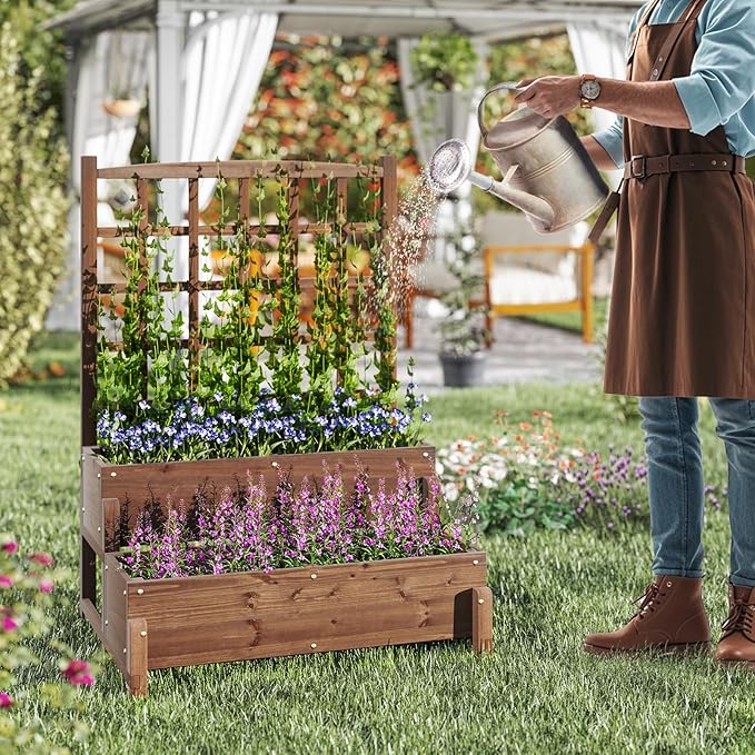Giantex 2 Pcs Raised Garden Bed with Legs and Trellis, 2-Tier Standing Planter Box with Drain Holes, Outdoor Elevated Garden Trellis for Vine Climbing, Flower Vegetable Fruit Herb Growing
