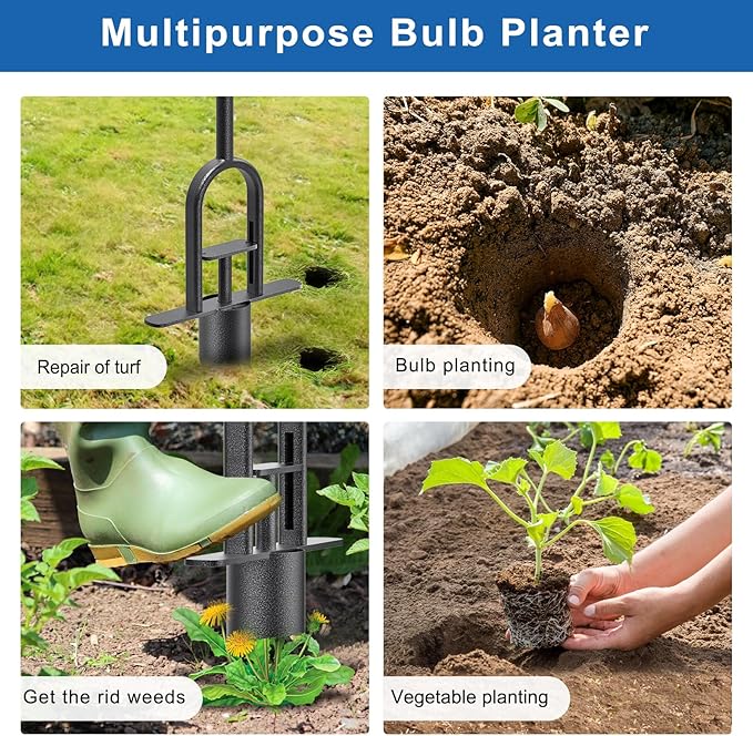 BeneLabel Grass Plugger Tool Lawn Plugger with Long Handle - Heavy Duty Steel Sod Turf Plugger Bulb Planter Tool, Soft Rubber Grip for Turf Repair, Seedling Transplant & Digging Holes