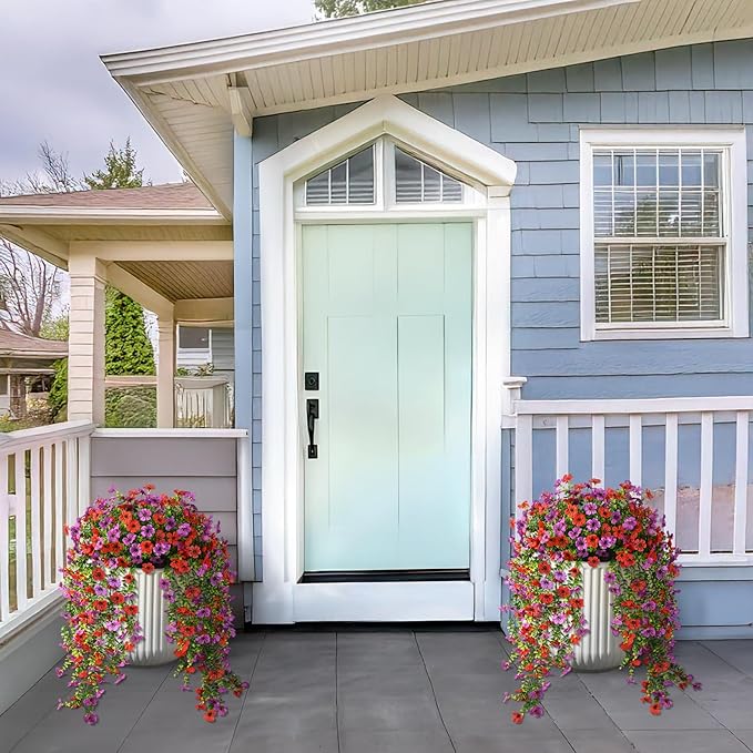 Artificial Hanging Flowers for Outdoors, 2 Pcs Fake Hanging Plant Spring Summer Decor, UV Resistant No Fade Faux Silk Daisy Flower for Planter Front Door Porch Patio Yard Garden(Red Purple)