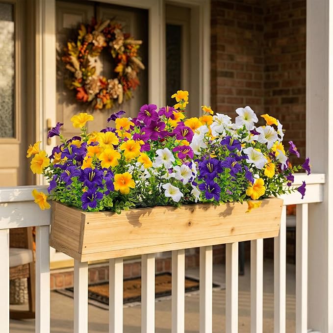 16 Pcs Faux Petunias Artificial Flowers For Outdoors, UV Resistant Fake Petunias Plants Realistic Silk Flowers for Porch Front Door Garden Window Outside Decor (16, White,Yellow,Purple,RedViolet)