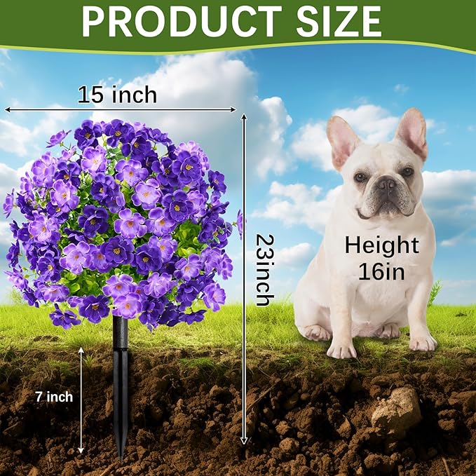 Waipfaru Set of 2 Artificial Boxwood Topiary with Colorful Flowers, 23" UV Resistant Fake Bushes Faux Outdoor Plants, Artificial Shrubs with Ground Spike for Outdoor Garden Front Porch(Purple)