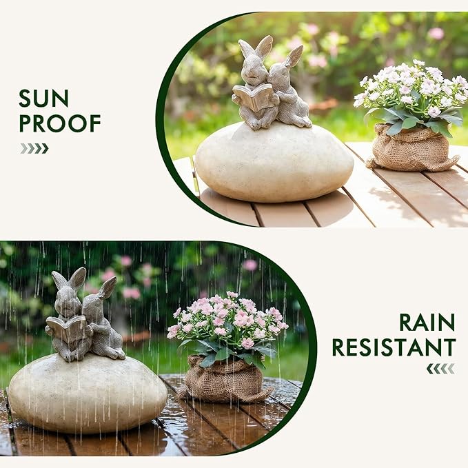 Solar Bunny Garden Statue with LED Light – Cute Solar Garden Decor Outdoor Rabbit Statue for Patio Yard Backyard Lawn, Bunny Decor Garden Statues, Easter Rabbit Gifts-Stone