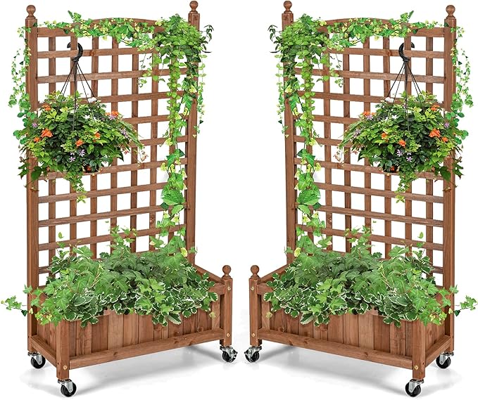 Giantex Set of 2 Mobile Plant Raised Bed, Wood Planter with Lattice Trellis and Wheels, Flower Box for Plant Climbing, Vertical Garden for Balcony Patio Yard, 25"x11"x 50"