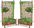 Giantex Set of 2 Mobile Plant Raised Bed, Wood Planter with Lattice Trellis and Wheels, Flower Box for Plant Climbing, Vertical Garden for Balcony Patio Yard, 25"x11"x 50"