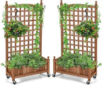 Giantex Set of 2 Mobile Plant Raised Bed, Wood Planter with Lattice Trellis and Wheels, Flower Box for Plant Climbing, Vertical Garden for Balcony Patio Yard, 25"x11"x 50"