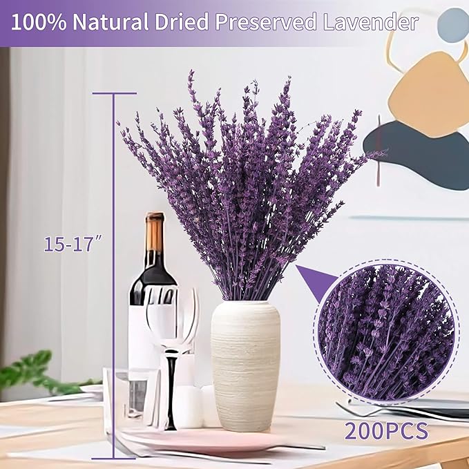 Dried Preserved Lavender Flowers Bundle-Natural Dried Lavender Bouquet 180-200 Stems 15''-17" for Wedding Home Shower Vase Decor, Aromatherapy, Fragrance, Fresh, Dry, 2 Packs