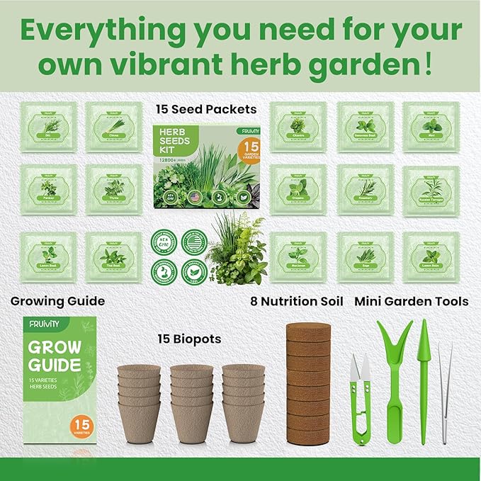 Herb Garden Starter Kit – Fruivity 12800+ 15 in 1 Herb Heirloom Seed Kits for Indoor/Outdoor Planting | Herb Indoor Garden Kit Starter - Complete Herb Garden Starter Set with Gift Packaging for Family