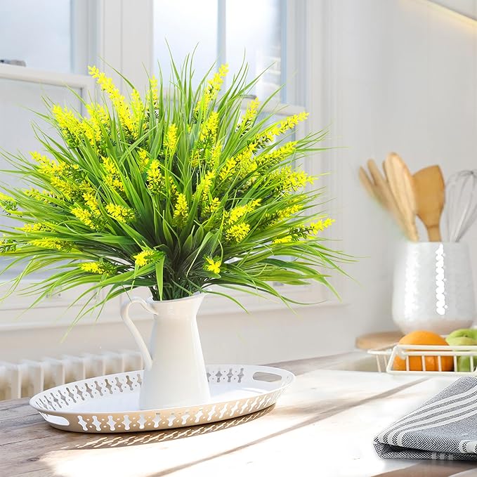 Sggvecsy 24 Bundles Artificial Plants Outdoor Faux Lavender Flowers Fake Monkey Grass UV Resistant Plastic Greenery Plants for Garden Home Porch Window Patio Hanging Planter Indoor Decor (Yellow)