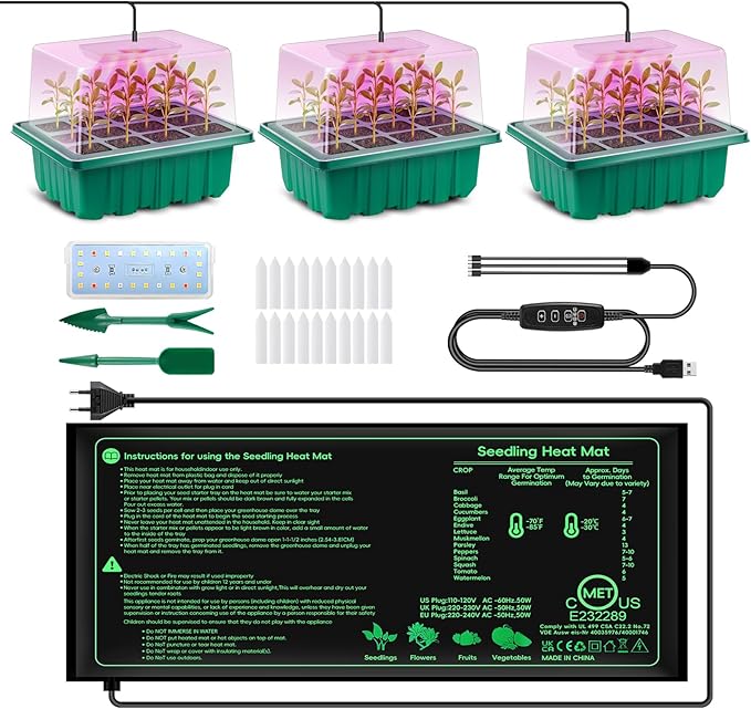 Verdenu 3PK Seed Starter Kit with Grow Light and Heat Mat, 36-Cells Indoor Large Seed Starter Tray with Humidity Dome, Adjustable LED Lighting for Seed Germination, Propagation of Vegetables
