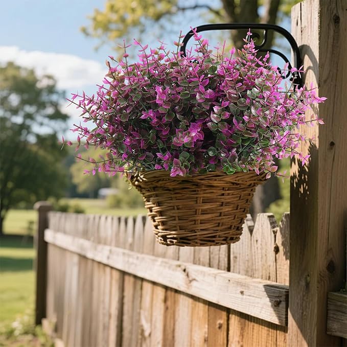 RECUTMS 12 Bundles Artificial Flowers Outdoor Faux Plastic Plants Artificial Eucalyptus UV Resistant Fake Plants Greenery Stems for Outside Spring Garden Porch Wedding Party Fireplace Décor(Fuchsia)