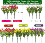 20 Bundles Artificial Flowers for Outdoors, UV Resistant Fake Plants Flowers Greenery Shrubs Plants for Decoration Outside Plants Hanging Planter Home Garden Decor (Mix（6 Color）)