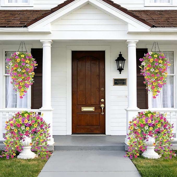 TURNMEON 4 Pcs Artificial Flowers for Outdoors Spring Summer Decor, UV Resistant No Fade Fake Hanging Flowers Plants Faux Plastic Realistic Silk Flower for Gardens Porch Planter Patio Yard Home Indoor