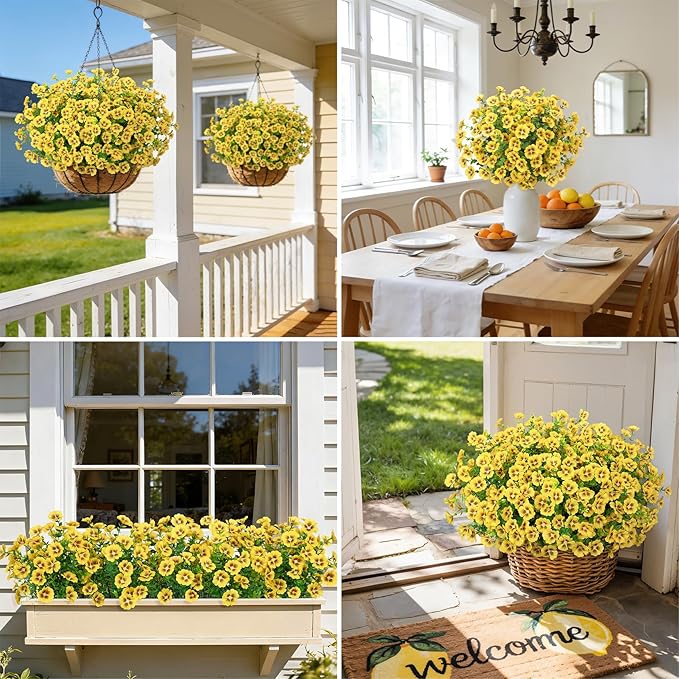 24 Bundles Artificial Flowers for Outdoors Fake Silk Flowers UV Resistant Faux Plants Eucalyptus for Spring Summer Decoration Planters Table Vase Garden Yard Porch Window Home Decor, Yellow