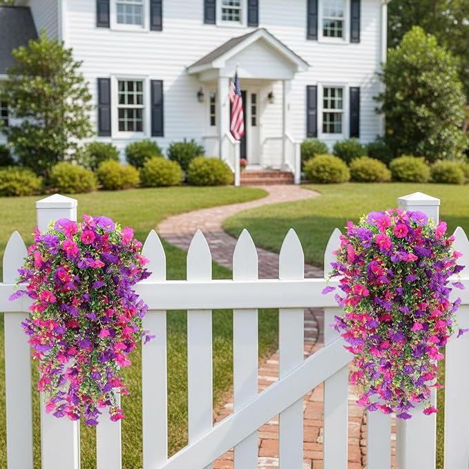CEWOR 4pcs Artificial Hanging Plants for Outdoor, Fake Flowers Faux Silk Morning Glory with Eucalyptus, UV Resistant Realistic Faux Flower Greenery for Outside Indoor Home Porch Patio Decor, Purple