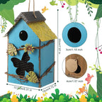 DoubleFill 2 Pcs Birdhouses for Outdoor Hanging Yard Outside Wooden Birdhouse Hand Painted Bird Box for Bird Lovers Bluebird Tree Garden Decor Decorative Birdhouse(Blue,Light Green,Iron Roof)